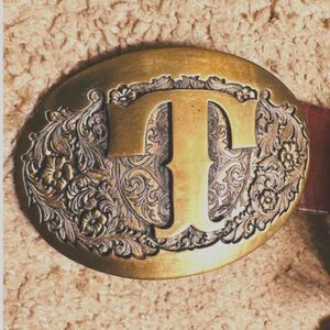 Award Design Medals Vintage Western Solid Brass Heavy Belt Buckle Letter T